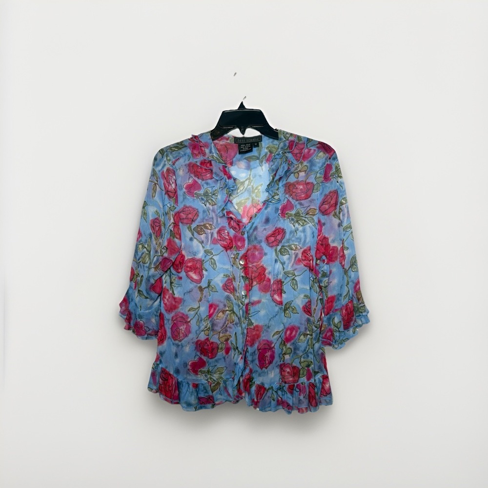 Vtg 90 Y2K Tess 100% Silk Floral Ruffle Sheer Top M‎ Romantic Dainty Coquette